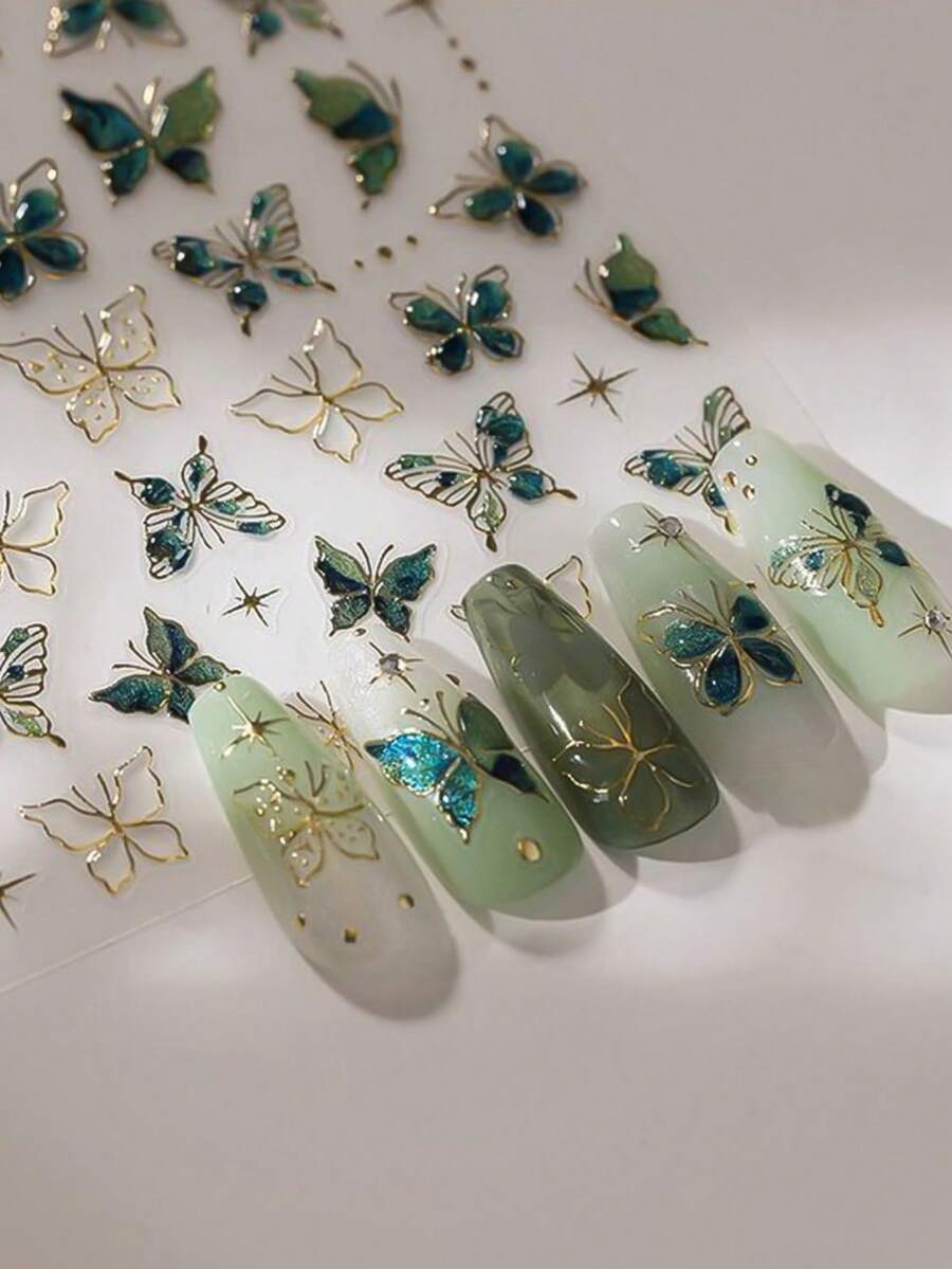 1片金色绿色蝴蝶美甲贴纸 5D DIY 美甲贴纸 蝴蝶美甲用品 适合女孩和女性 - 彩色 - 查看 1