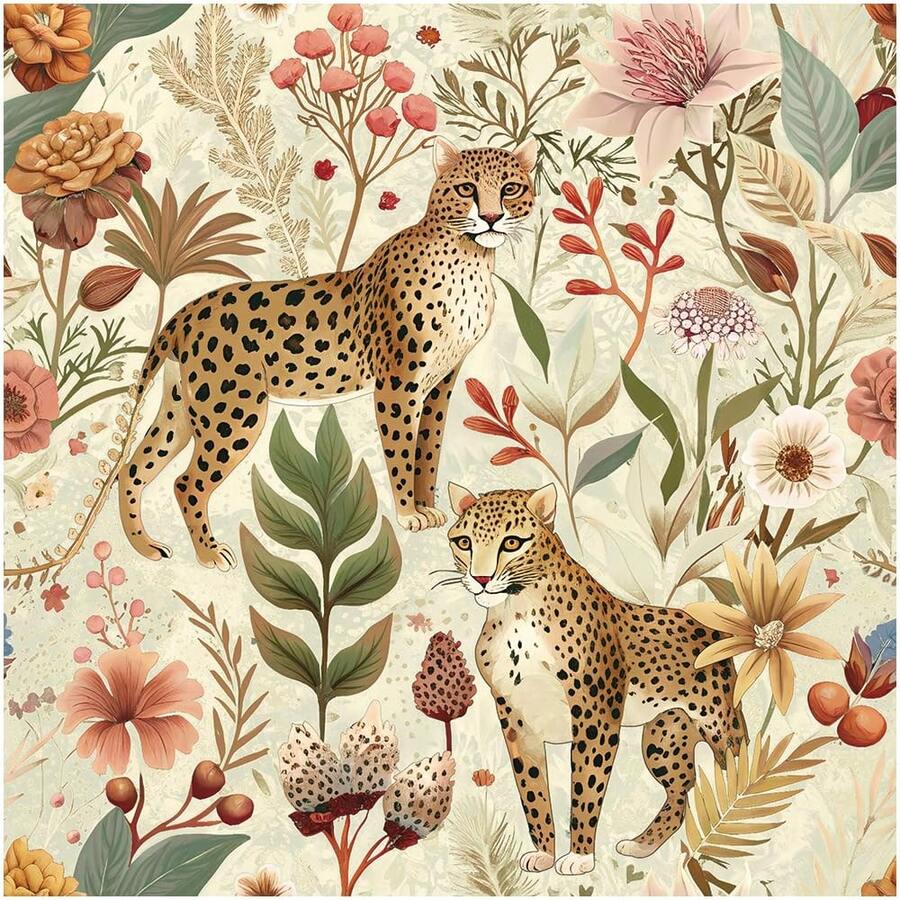 1卷时尚可爱植物豹纹壁纸，现代甜美植物动物印花壁纸，适用于各种房间墙壁和橱柜装饰，手工薄膜壁纸 - 多色 - 查看 1
