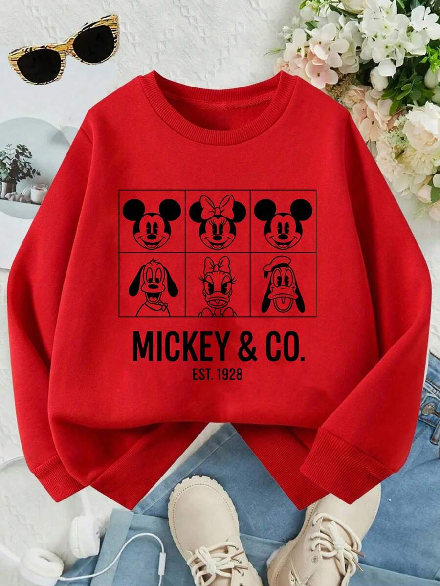This Disney Girls' Sweatshirt Features A Creative Mickey Mouse And His Friends Letter And Cartoon Print. It's A Crew Neck Sweatshirt Perfect For Autumn And Winter, Made Of Soft And Comfortable Fabric, Suitable For Everyday Wear, Shopping, School, And Casual Occasions. It Also Makes A Wonderful Gift. - Đỏ - Xem 1