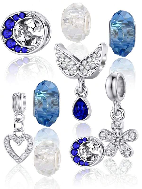 9pcs Silver & Blue Fish Tail, Heart, Star, Moon, Blue Resin Pendant Charms, Jewelry Making Supplies