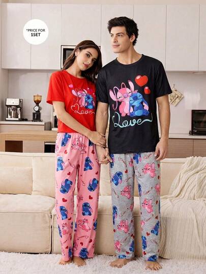 Disney Bộ 2 món dành cho nữ, áo tay ngắn in họa tiết dễ thương và quần dài mặc nhà mềm mại thoải mái, thích hợp cho ngày Valentine.