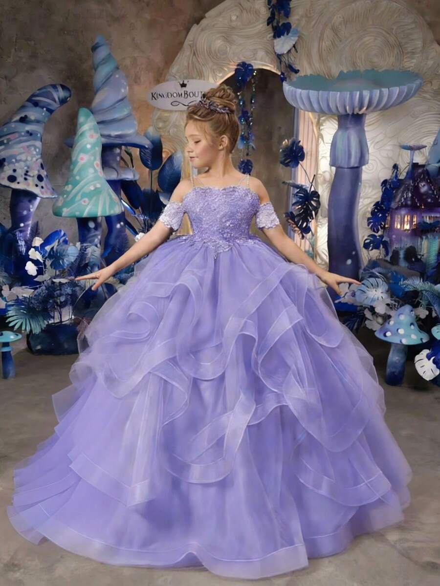 Elegant Sweetie Off Shoulder Flower Girl Dresses Mesh Tulle Ruffles Lace Appliques Princess Pageant Dresses For Girls Kids Party Ball Gowns,First Communion Dress,Tween Girls Princess Dress,Birthday,Wedding Or Photoshoot Outfit,Dance Performance Dress,Piano Performance Dress,Perfect For Shows,Birthday Parties,Vacations,Pageant,Prom Dress - Màu tím hoa cà - Xem 1