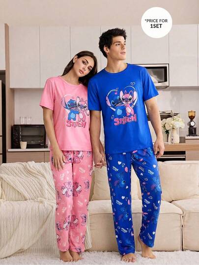 Disney 2 piezas Conjunto de pijama para pareja de San Valentín, conjunto de ropa de dormir de manga corta y pantalón largo, ropa de casa cómoda y casual