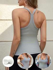 Women's Gray Criss-Cross Camisole, Slim-Fit Sexy Layering Vest, Versatile Casual Comfortable U-Neck Top - Grey - View 2