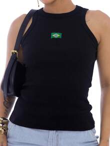 Women's Ribbed Tank Top, Brazil Tank Top, Foreign Style, Brazil World Cup Blouse, Ribbed Cotton - Black - View 1