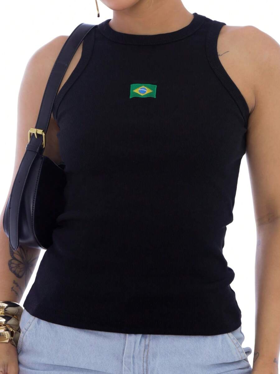 Women's Ribbed Tank Top, Brazil Tank Top, Foreign Style, Brazil World Cup Blouse, Ribbed Cotton - Black - View 1