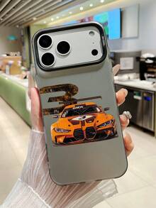 Supercar Speed Theme Phone Case For Men, 1pc Orange Racing Car & "3" Digit Print PC Hard Bottom Transparent Soft Frame High-End Durable Full Coverage Hard Phone Case, Compatible With IPhone & Galaxy - Black - View 6