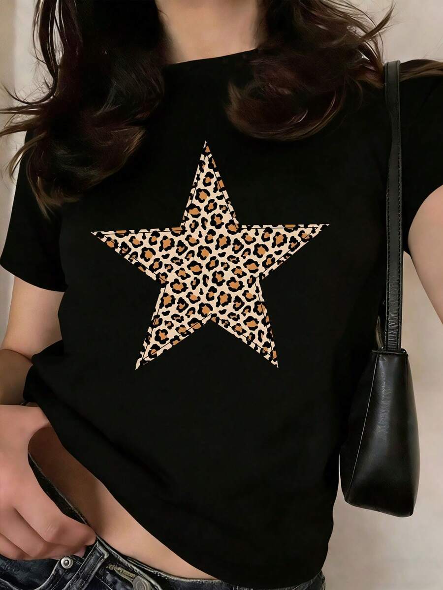 豹纹星形图案短袖T恤，女童款 - 休闲百搭，适合上学、度假和购物，春夏风格 - 黑色 - 查看 1