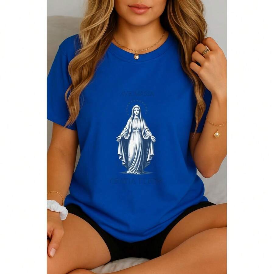 Camiseta Católica Feminina Gratia Plena Estampa Religiosa Cristã Estilo Tumblr Camisa Jesus Maria - Azul Royal - Visão 1