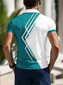 Men's Summer Polo Shirt With Blue & White Geometric Stripe Pattern, Diagonal Color Block Half Zip Collar Design, Comfortable Fabric Suitable For Casual, Sports, Outdoor, Commute Wear - Blue and White - View 2