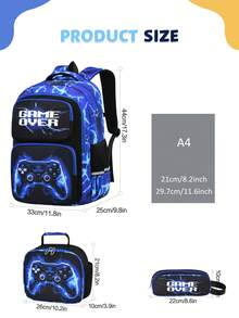 1 Set Kids Backpack With Cool Graphic, Game Controller Print Backpack With Lunch Bag, Zipper Closure, Multi-Pocket Design, Suitable For Daily Wear, Camouflage Blue/Red Set - A - View 4