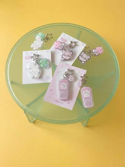 Joivida Cute Cartoon Acrylic Pixel Style Realistic Phone/Rabbit/Mouse/Four-Leaf Clover Pattern Creative Keychain Pendant, Japanese Style Bag Charm, Earphone Case Decor, Holiday/Back To School Gift