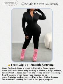 Plus Size Women's Skinny V-Neck Zip-Up Workout Jumpsuit, Casual Slim Yoga Romper Bodysuit Bodycon Sexy One Piece, Easy To Match Looks Slim, Flatter The Figure Fall, Plus Size Womens Jumpsuit. - 黑色 - 查看 4