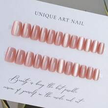 24pcs Soft Peach Pink Cat Eye Press On Nails - Shimmering Apricot Ombre Fake Nails, Glossy Velvet Magnetic Effect Full Cover Nail Kit, Minimalist Gentle Reusable Manicure Set For Daily Wear - 粉色 - 查看 3