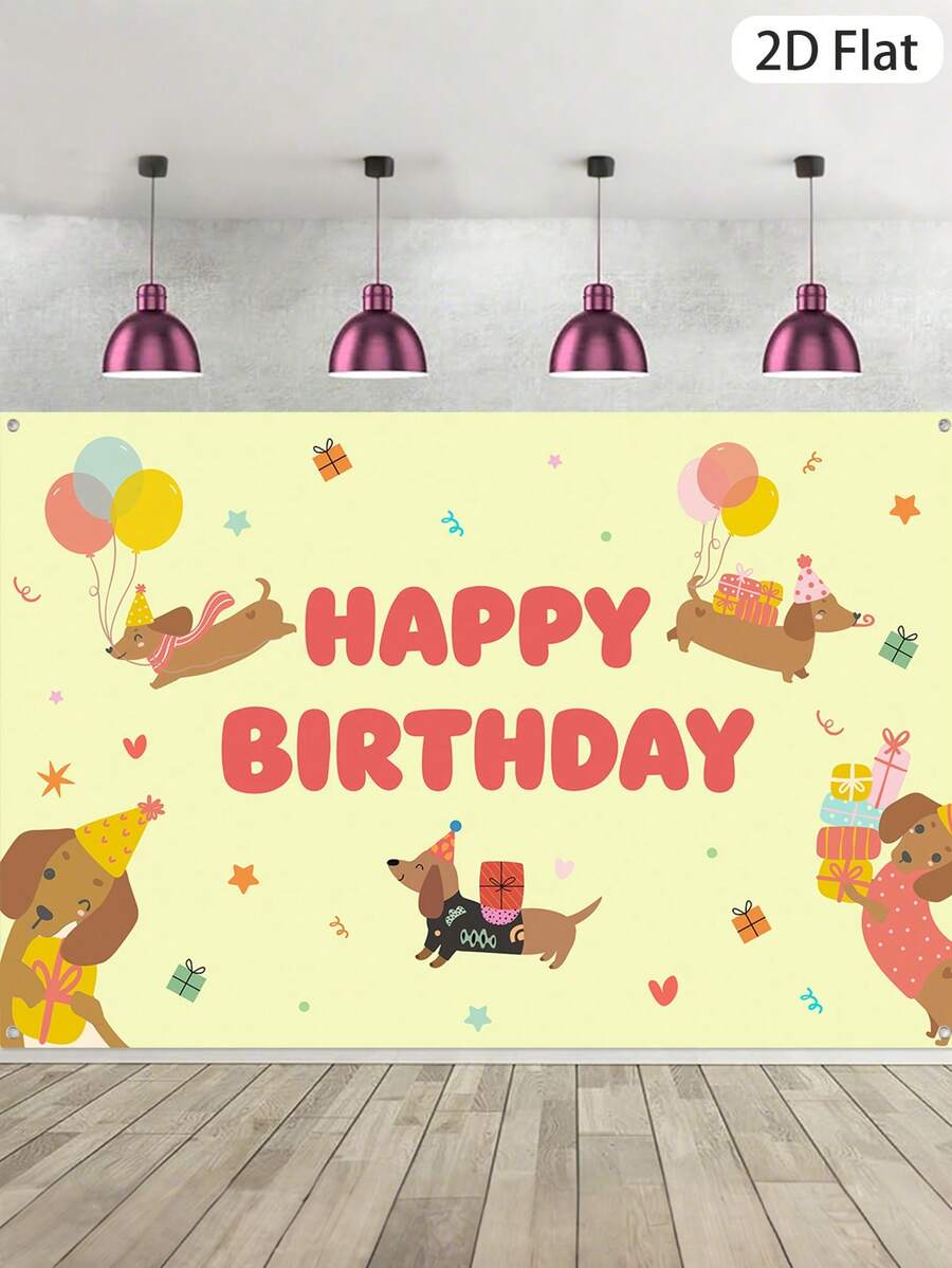 1张150*100厘米腊肠犬主题生日背景布，适用于一周岁生日派对、婴儿派对、生日派对、婴儿派对、生日派对摄影道具等场合。