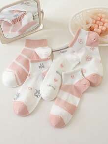 5 pares de calcetines de tobillo para mujer con diseño de corazones y flores en color rosa, transpirables y antideslizantes, aptos para primavera y verano - Rosa - Ver 9