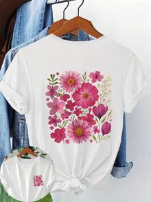 Women's Casual Ditsy Floral Round Neck Short Sleeve T-Shirt, Suitable For Spring, Summer, Autumn, Valentine's Day/Back To School - White - View 7