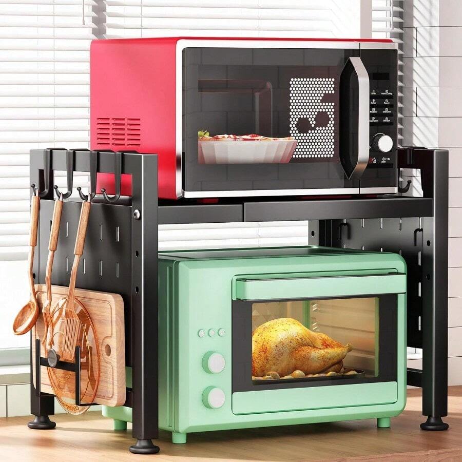 Adjustable Microwave Oven Rack,Microwave Stand Shelf Heavy Duty 2-Tier Shelf With Cutting Boards Stand For Kitchen Shelves Counter Top Organizer, Holds 120lbs,9 Hooks - Hạng 2 - Đen - Xem 1