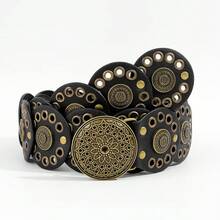 波西米亚风腰带，复古西部风格个性化腰带，女士夸张镂空圆形皮带 - 棕色 - 查看 11