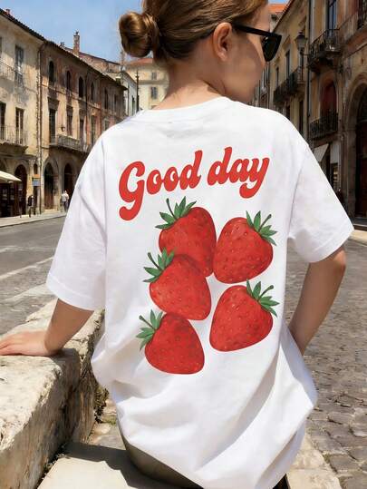 1pc Tween Girl Sweet Strawberry Print Short Sleeve T-Shirt, "Good Day" Letter Pattern On Back, Korean Style Loose Casual Tee, Comfortable & Versatile, Essential Item For Girls Outings And School
