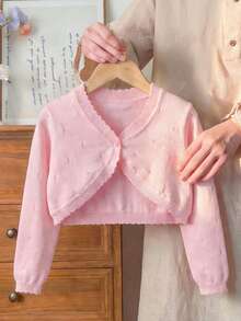 女童优雅粉色短款镂空针织开衫，单扣轻薄透气披肩，春夏款 - 粉色 - 查看 1