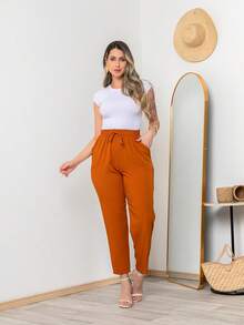 Lightweight Viscose Trousers With Elastic Waistband C711 - Màu Cam cháy - Xem 3