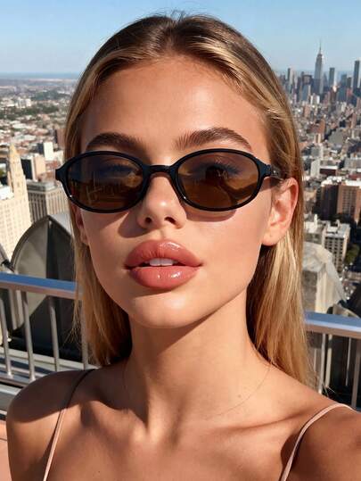 一副男女通用棕色椭圆形休闲简约时尚太阳镜，适合日常佩戴、夏季日常生活、音乐节、热带海滩度假、郊游，也是时尚配饰和学院风单品，适合返校季。