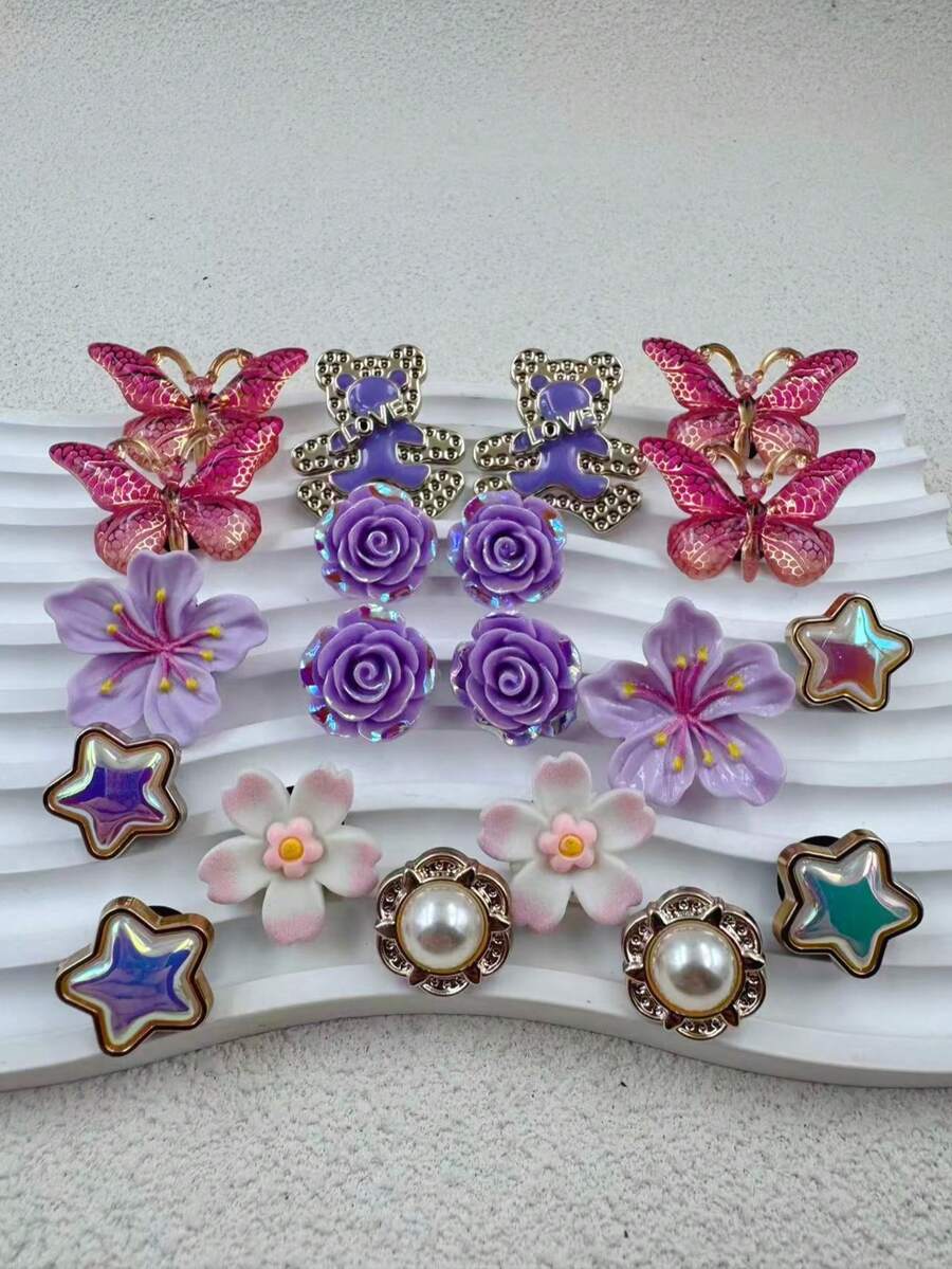 20pcs/Set Butterfly Animal Y2K Elegant Asymmetric/Asymmetrical Shoe DIY Decor, Suitable For Wooden Shoes, Sandals, Sneakers, Cute Whimsical Design, Great For Girl Party Gifts And Creative Gifts, Applicable For Indoor And Outdoor, All Seasons, Purple - Multicolor - View 1
