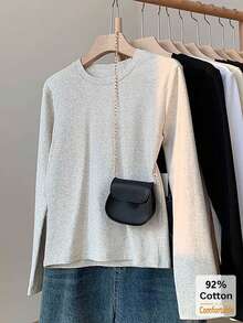 Women's Long Sleeve T-Shirt, Versatile Autumn/Winter Gray Floral Top, Slimming Solid Color Inner Layer Base Shirt Casual - Gray - View 5