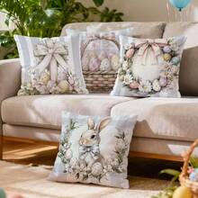 4pcs Vintage Geometric Plaid Rabbit & Easter Egg Pattern Pillow Cover, Single-Sided Printed Cushion Cover, Suitable For Living Room, Bedroom, Home Decor, All Seasons - Multicolor - View 6