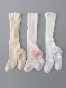 3pairs Girls Solid Bow Decor Cute Tights For Daily Life - Multicolor - View 8