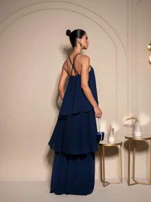 Sophisticated Long Party Dress Without Glitter, Suitable For Bridesmaids And Wedding Guests. - Navy Blue - View 3