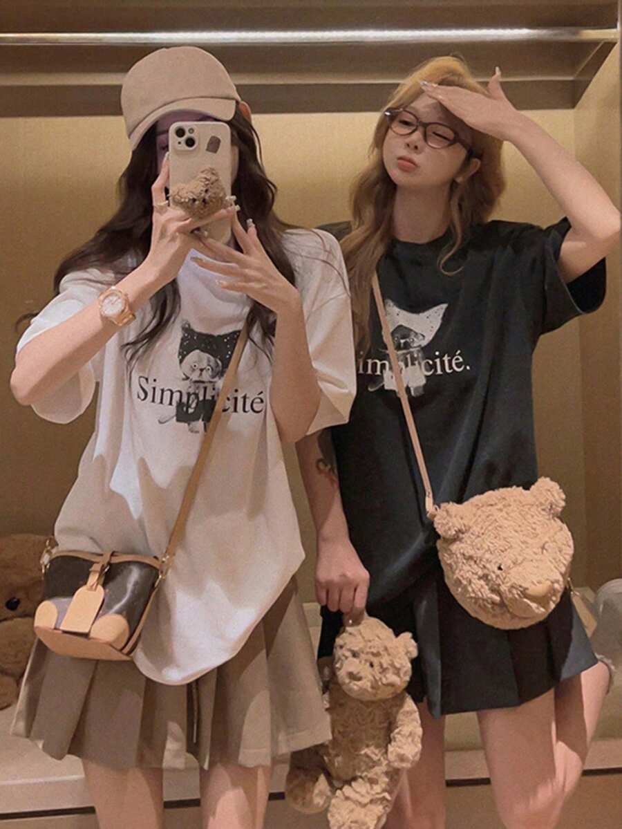 Bộ 2 áo thun nữ cổ tròn tay ngắn, họa tiết mèo hoạt hình và chữ in mới mùa hè, kiểu dáng thời trang thường ngày, rộng rãi, đa năng. - Trắng + Xám đậm - Xem 1