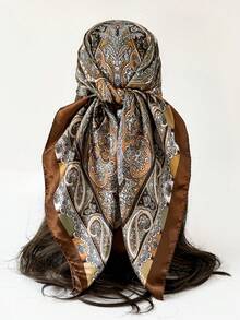 1pc Floral Printed Imitated Silk Twill Scarf Headband For Women, Suitable For Daily Wear Elegant Bandana,Hair Band,Head Band Ideal For Dressing Up Your Look  Winter Fall - Navy Blue - View 5