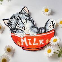 1 pieza Parche bordado con gatito lindo, parche con diseño de gatito en tazón de leche, para planchar, decoración de bordado DIY - Multicolor - Ver 1