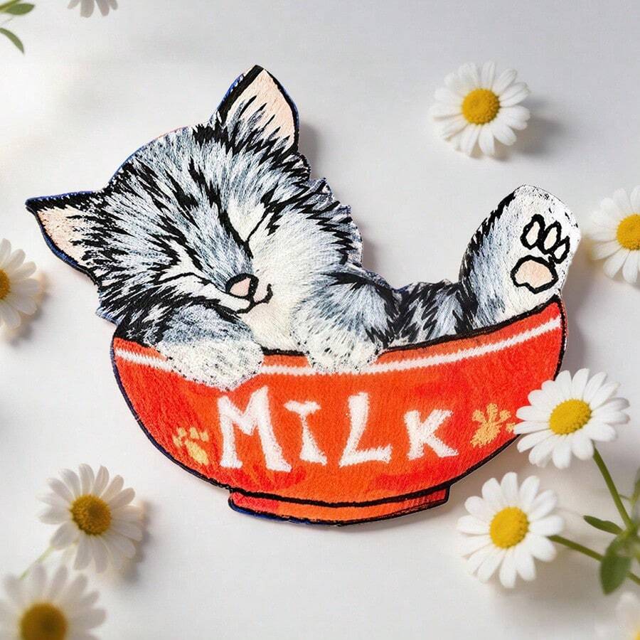 1 pieza Parche bordado con gatito lindo, parche con diseño de gatito en tazón de leche, para planchar, decoración de bordado DIY - Multicolor - Ver 1