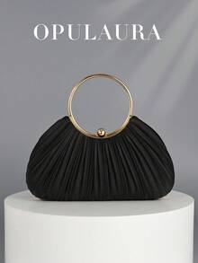 Women's Elegant Pleated Evening Clutch With Gold Circular Handle, Luxury Shiny Formal Handbag, Glamorous Metallic Purse Suitable For Gown, Ball, Wedding, Perfect For Bride, Bridesmaid & Birthday Dress Matching, Ideal Clutch Bag For Party, Prom, Dinner & Banquet With Holiday & Sequin Dresses - 黑色 - 查看 9