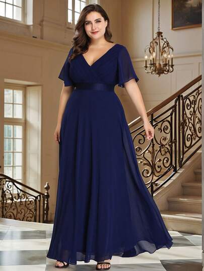 Plus Size Elegant V-Neck Short Sleeve Ruched Formal Dress, Navy Blue Bridesmaid Dress, Suitable For Spring/Summer Wedding Guest, Birthday Party