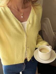 HUACAITA Women's Yellow V-Neck Long Sleeve Cardigan With Pearl Buttons, Lightweight Knit Sweater Jacket For Spring/Autumn, Everyday Wear - Yellow - View 2