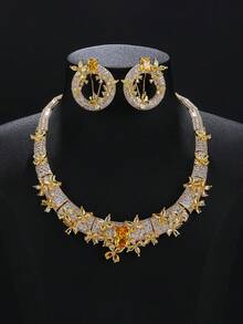 3件套奢华珠宝风格铜质立方氧化锆项链耳环套装，适合搭配婚纱、晚宴礼服。 - 華麗套裝 - 查看 5