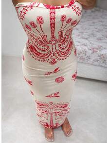 Women's Strapless Midi Dress - Tropical Summer - Hot Pink - View 3