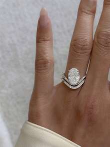 两枚S925纯银2.5克拉椭圆形莫桑石波浪形叠戴戒指，新娘结婚订婚戒指套装，求婚、结婚、周年纪念、情人节礼物的理想之选 - 彩色 - 查看 3