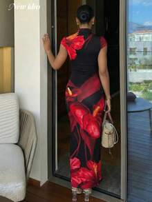 Đầm maxi xẻ tà kiểu sườn xám in họa tiết hoa lan đỏ dành cho nữ, đầm dự tiệc thanh lịch, gợi cảm, sang trọng, đầm dự tiệc cho nữ, đầm maxi ôm sát cơ thể. - màu đen - Xem 2