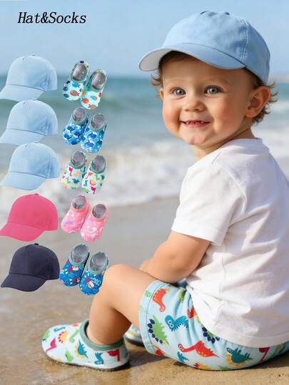 1SET Baby Baseball Hat& Socks Baby Toddler Solid Baseball Caps Snapback Hat Girls Boys Adjustable Infant Sport Cap Suitable For Home