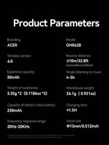 Acer 宏碁 OHR628 半入耳式无线耳机，具备降噪功能，佩戴舒适，支持无线 6.0，音质高保真，适用于运动、学习、商务、跑步等场合，兼容智能手机、平板电脑和笔记本电脑。 - 均碼 - 查看 13