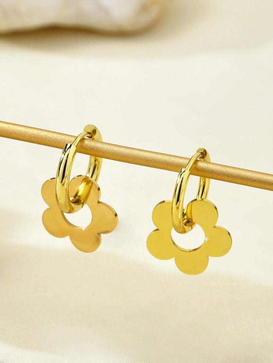 TONSI 一对奢华简约百搭时尚精致18K镀金不锈钢花朵耳环，轻盈舒适，低过敏性，不褪色，寓意吉祥，适合女性日常通勤、节日庆典和派对等场合佩戴。 - 彩色 - 查看 1