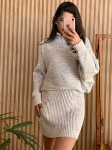 Mayra Women's Knit Set With Batwing Sleeves And Short Skirt In Mousse - Natural - View 5
