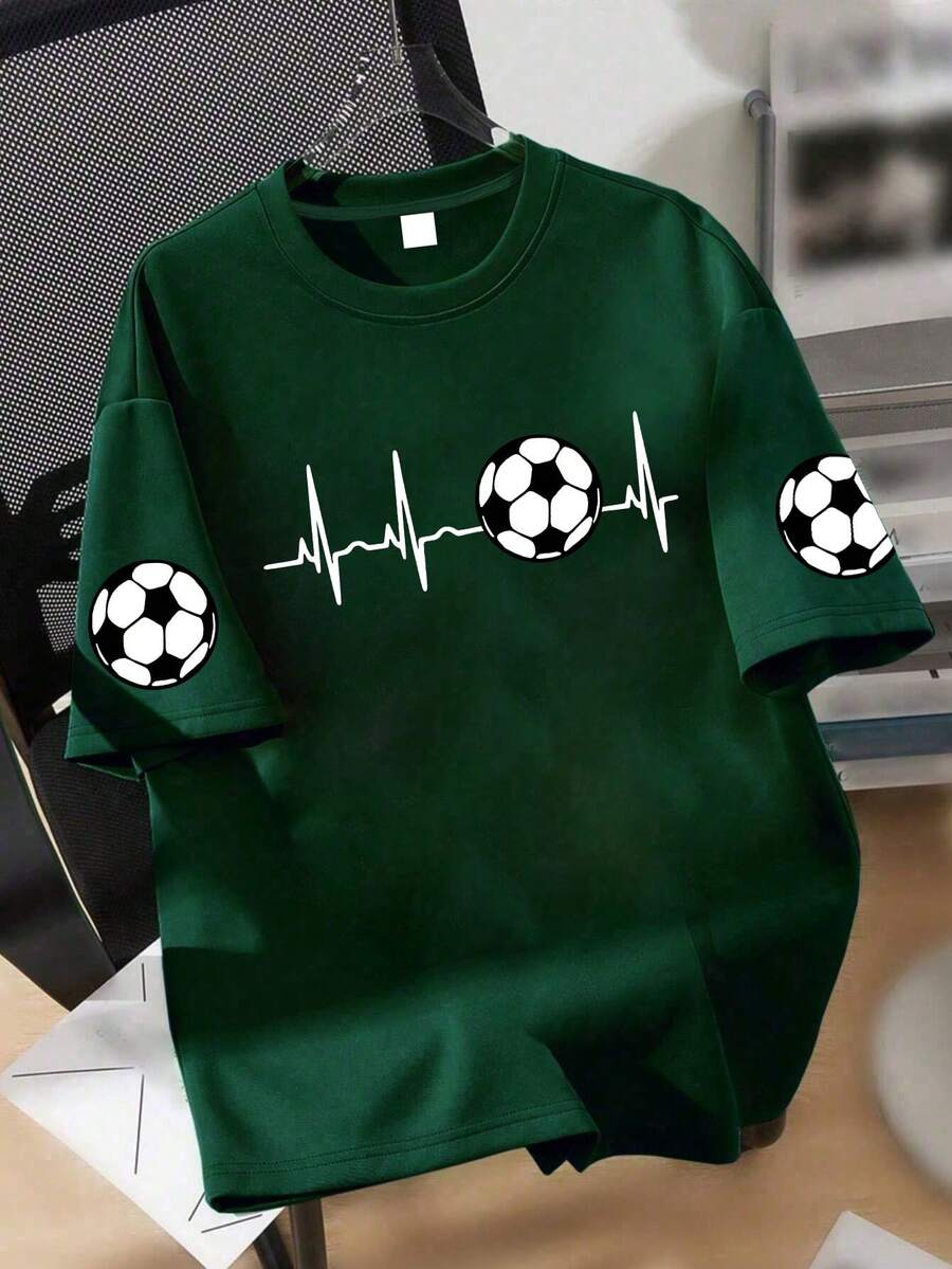 一件装足球心跳青少年男童T恤,足球和心跳图案,运动设计,柔软舒适面料,非常适合春夏上学和足球休闲活动。 - 墨綠色 - 查看 1