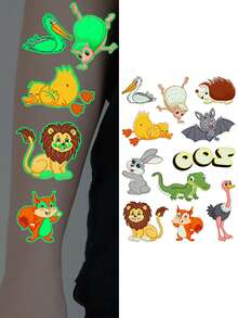 12 Sheets With 130 Animal-Themed Glow-In-The-Dark Tattoo Stickers, Featuring Luminous Temporary Tattoos With Cute And Fun Cartoon Designs Of Pandas, Penguins, Kangaroos, Rabbits, Tigers, Lions, And Giraffes. They Are Waterproof, Realistic - Multicolor - View 9