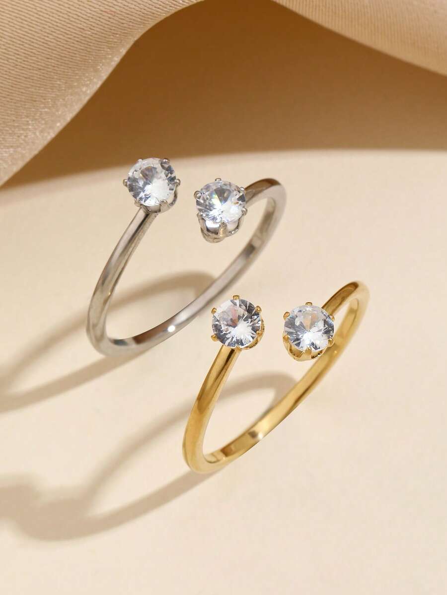 2件套不锈钢时尚简约金银镶嵌锆石开口戒指套装，适合女性日常佩戴或作为礼物赠送 - 彩色 - 查看 1